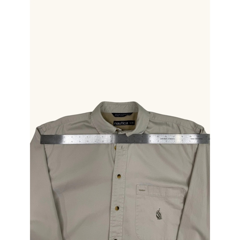 Nautica Mens Large Khaki Tan Cotton Twill Long Sleeve Button Down Shirt Logo L - Picture 4 of 8